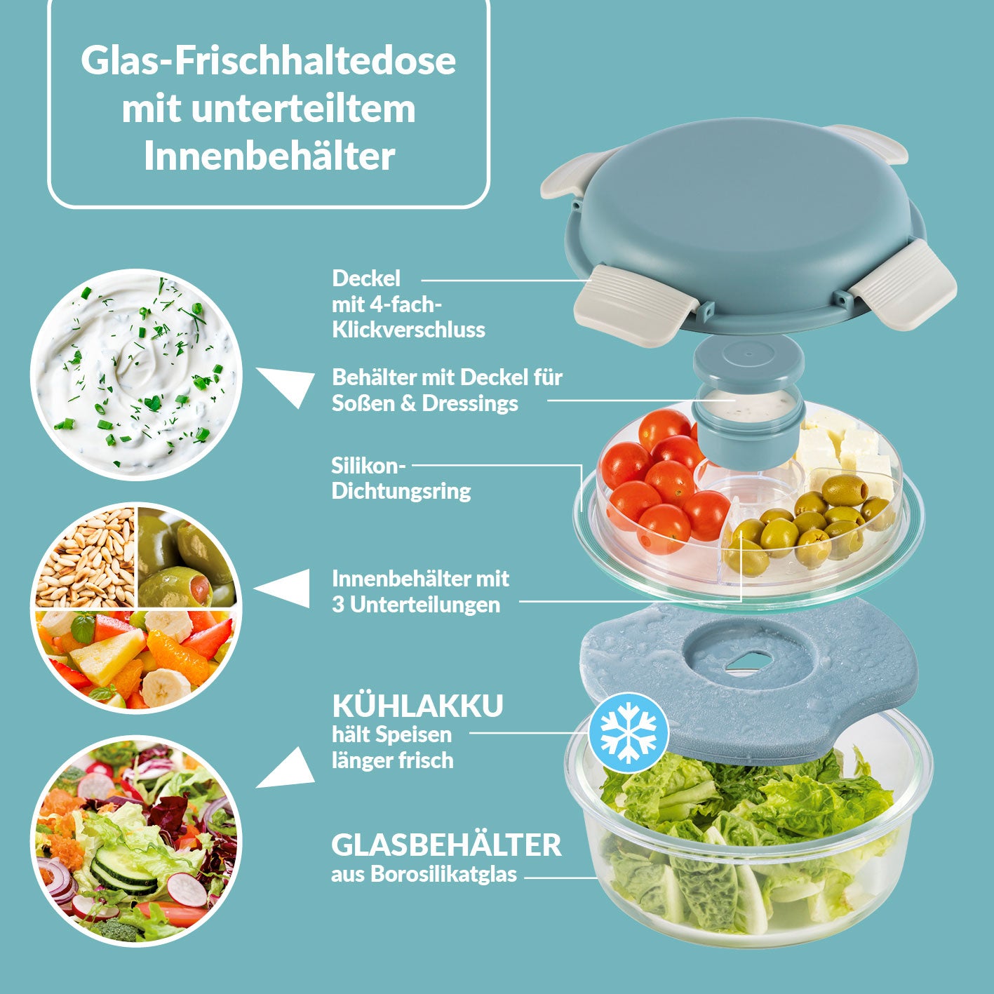 Glas-Lunchbox Klick-it mit integriertem Kühlakku - 950 ml - grau/grün