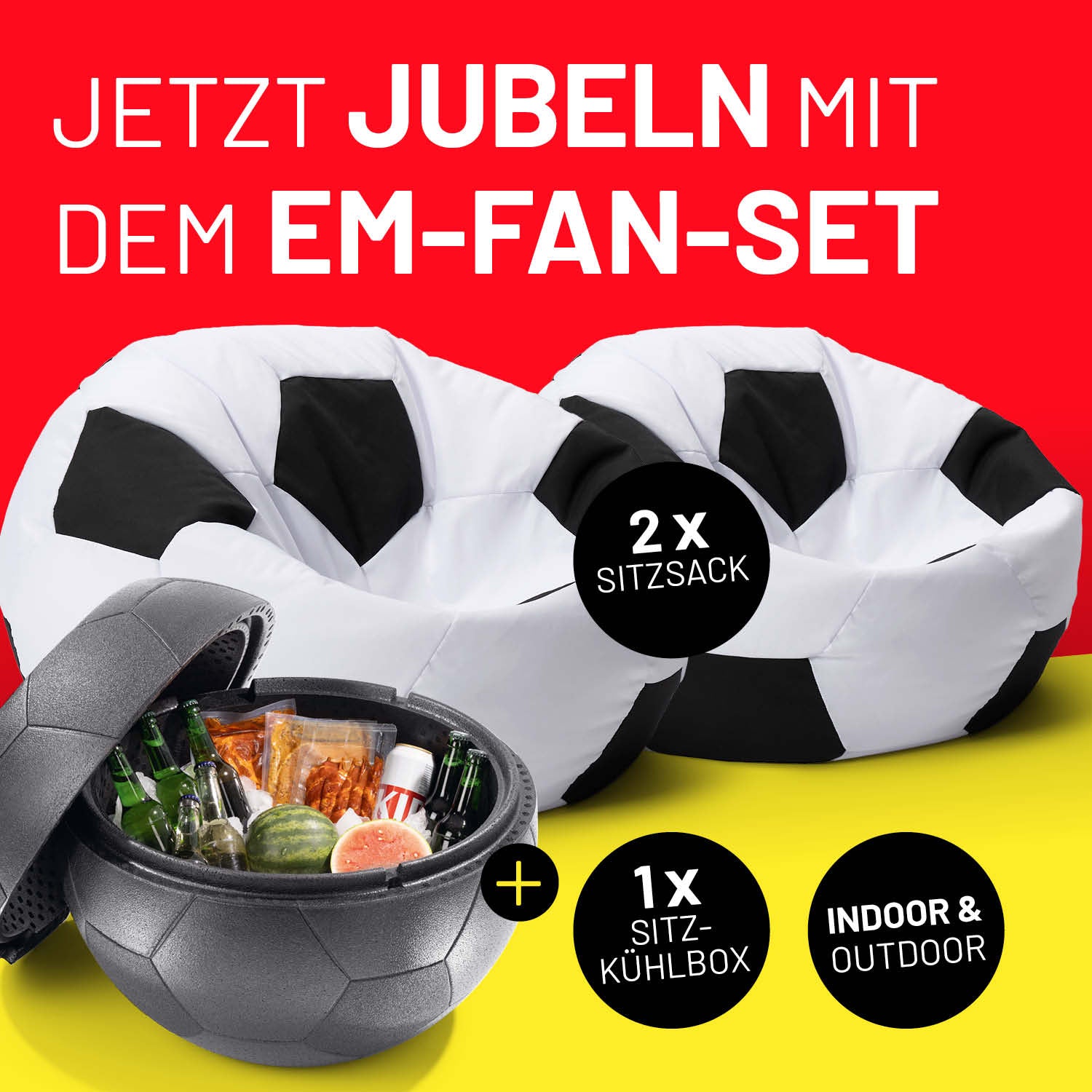 EM 2024 Fan-Lounge 2 + 1 - 2 x XXL-Fußball-Sitzsack + Fußball-Kühlbox
