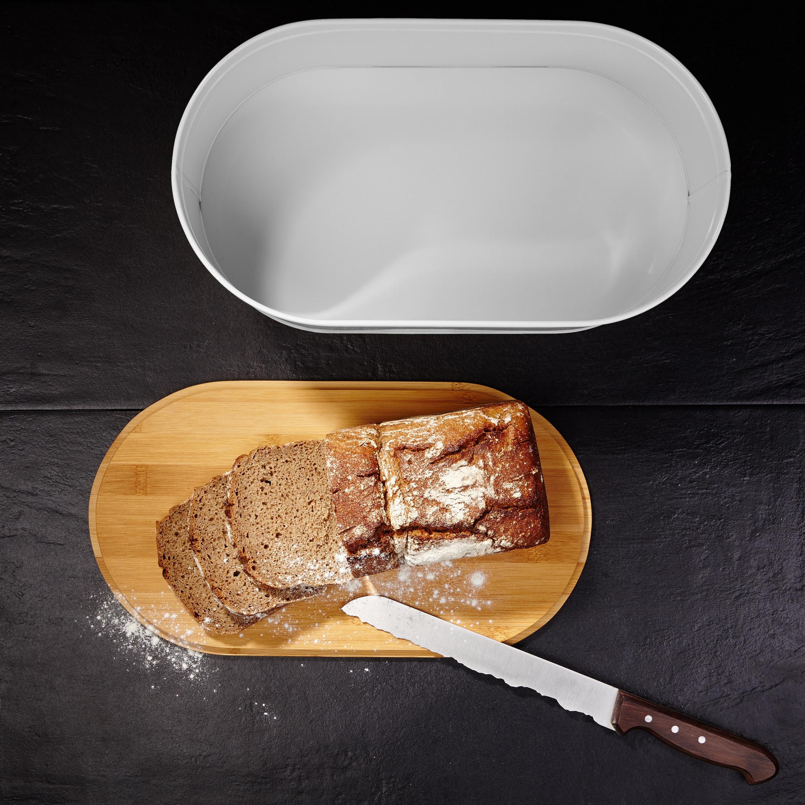 Cuisine Brotkasten aus Metall mit Bambus Deckel - Oval 36 x 20 x 13,8 cm - Weiß