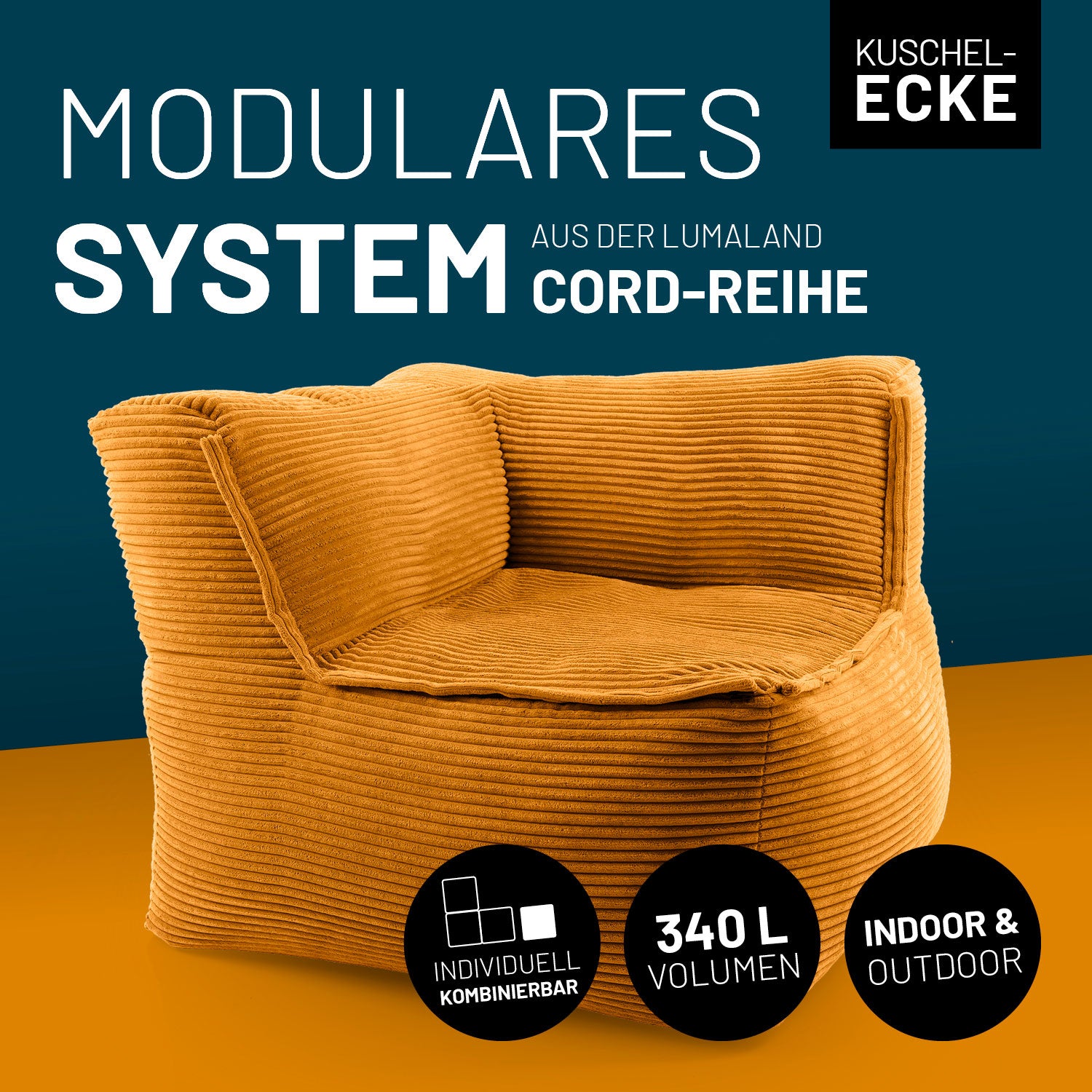 Modulares Eckteil rechts aus der Cord-Reihe - Senfgelb