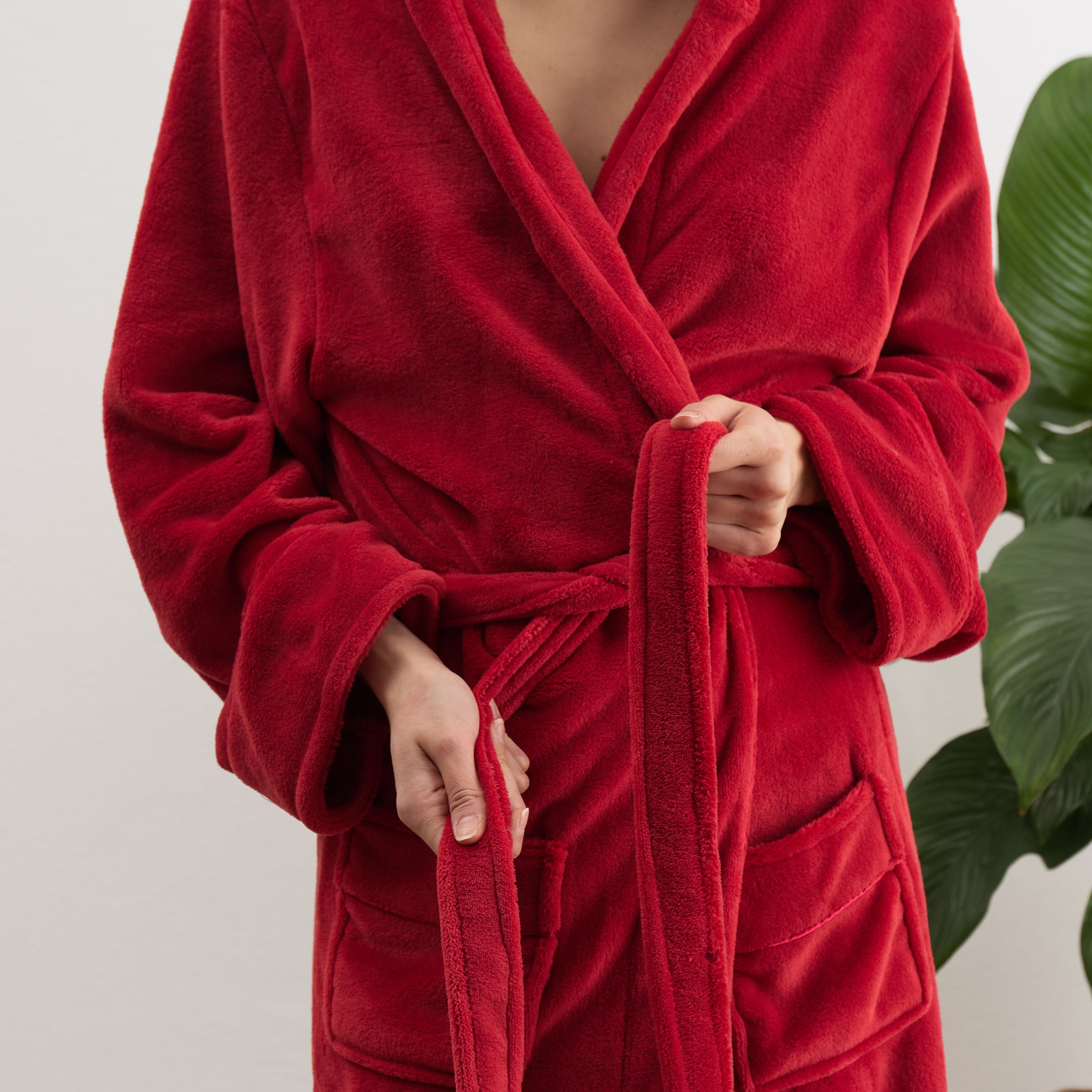 Luxury Mikrofaser Bademantel mit Kapuze für Damen und Herren - Rot - Größe L