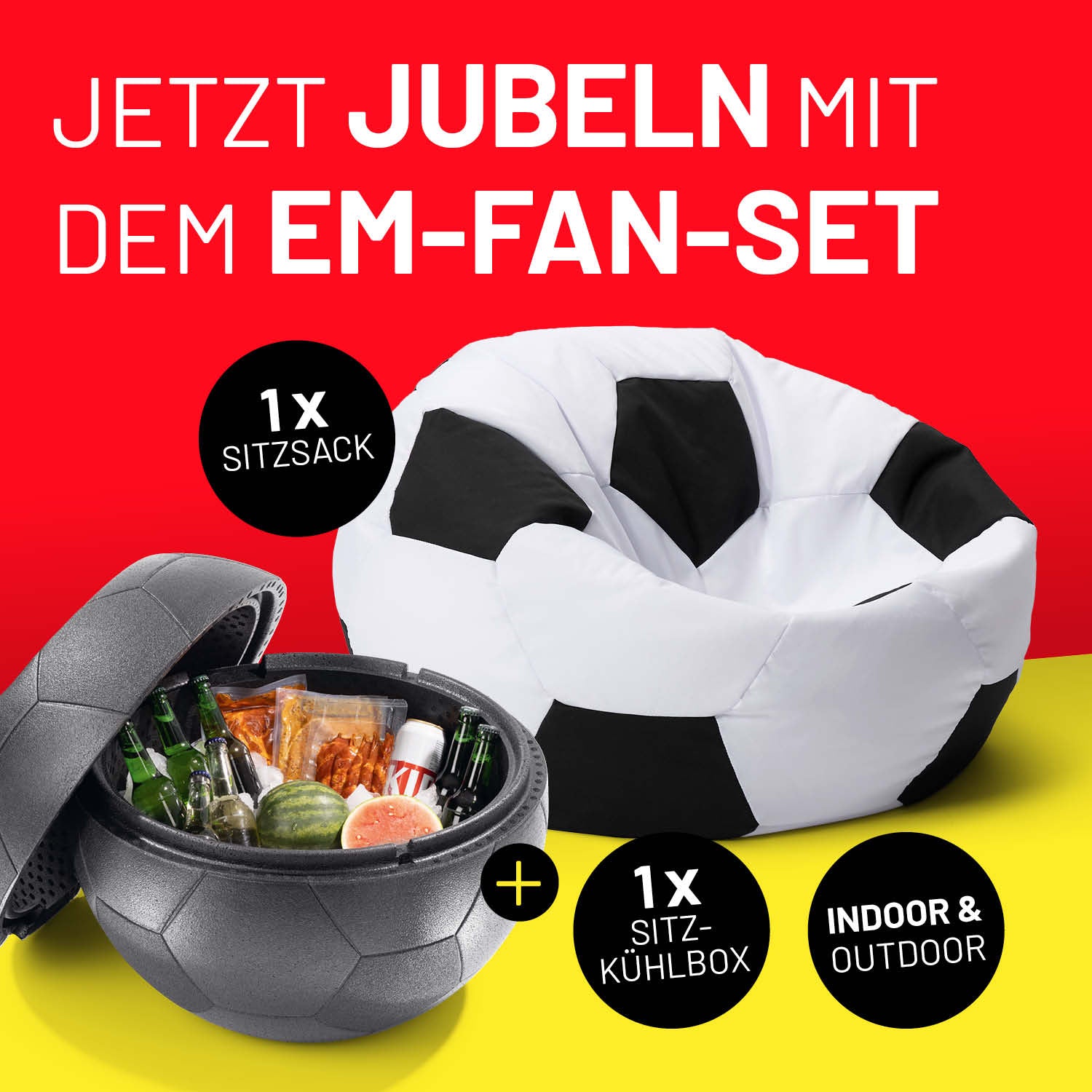 EM 2024 Fan-Lounge 1 + 1 - XXL-Fußball-Sitzsack + Fußball-Sitz-Kühlbox