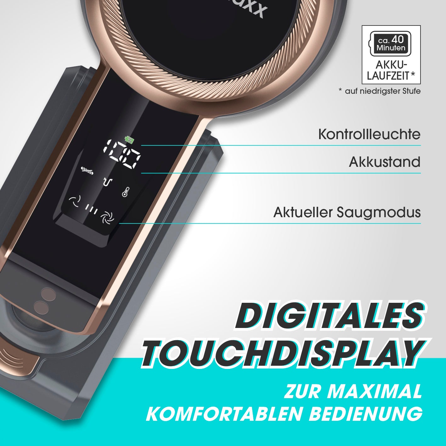 Akku-Zyklon-Staubsauger mit digitalem Touch-Display - grau/gold