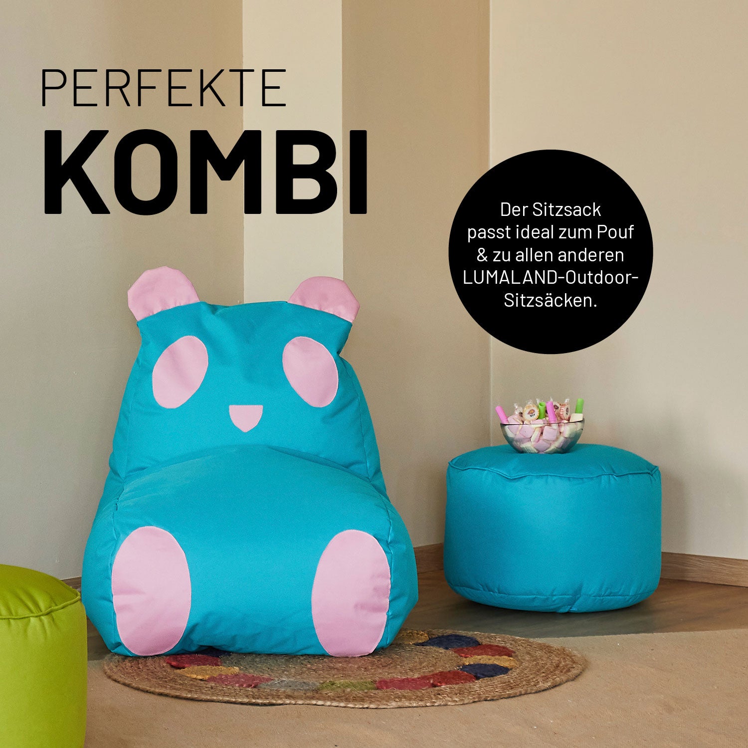Kindersitzsack Animal Line Panda (180 L) - indoor & outdoor - Türkis/Pastell Pink