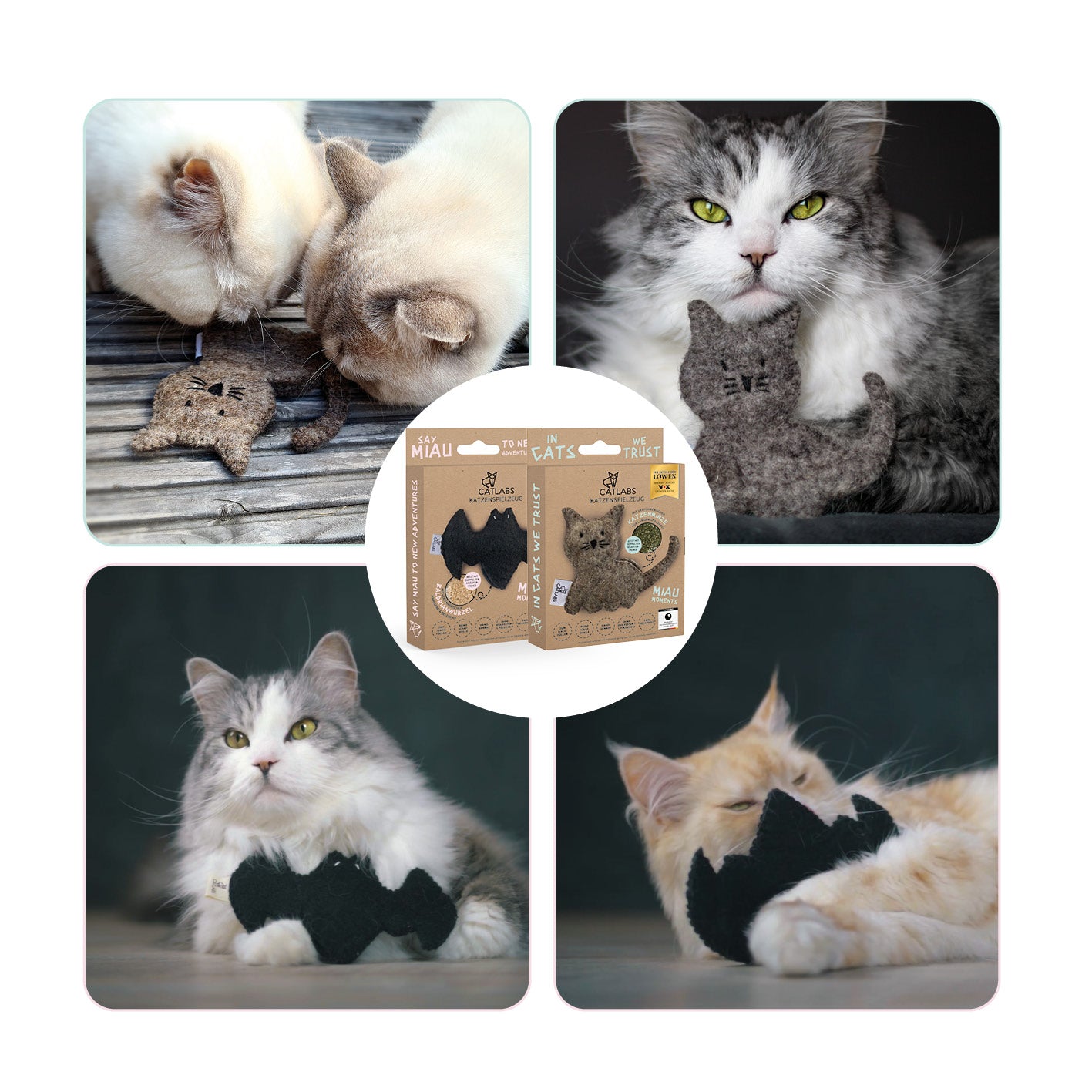 Katzenspielzeug 2er-Set - "Kuschelige Katze" mit Katzenminze + "Flauschige Fledermaus" mit Baldrianwurzel