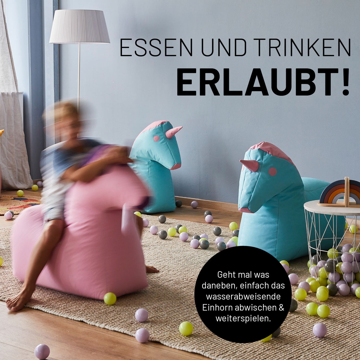 Kindersitzsack Animal Line Einhorn (120 L) - indoor & outdoor - Türkis/Pastell Pink