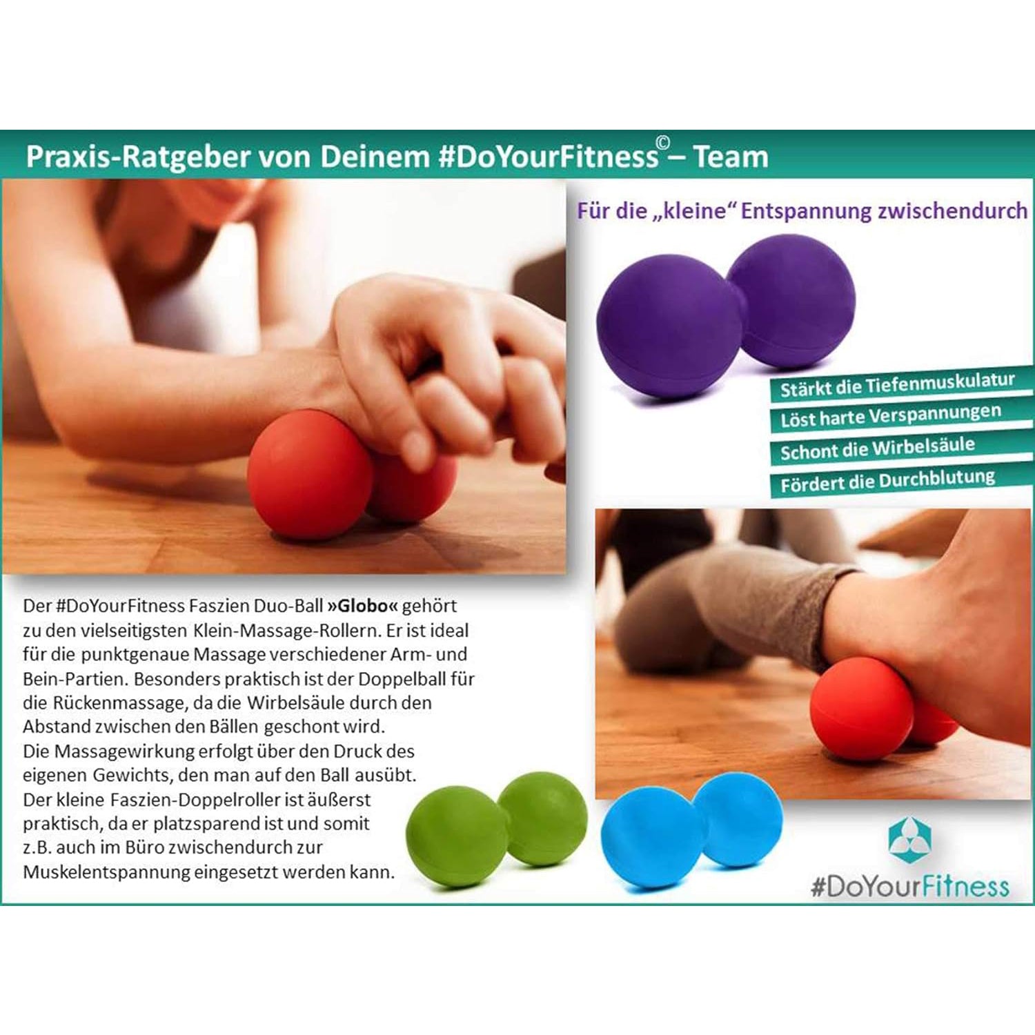 Double Faszienball -  Massageball Globo - ca 8cm Durchmesser aus Silikon - Grün