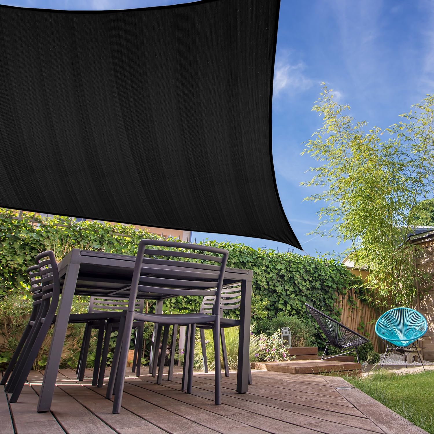 Sonnensegel 100% HDPE mit Stabilisator für UV-Schutz - Quadrat 5 x 5 Meter - Schwarz