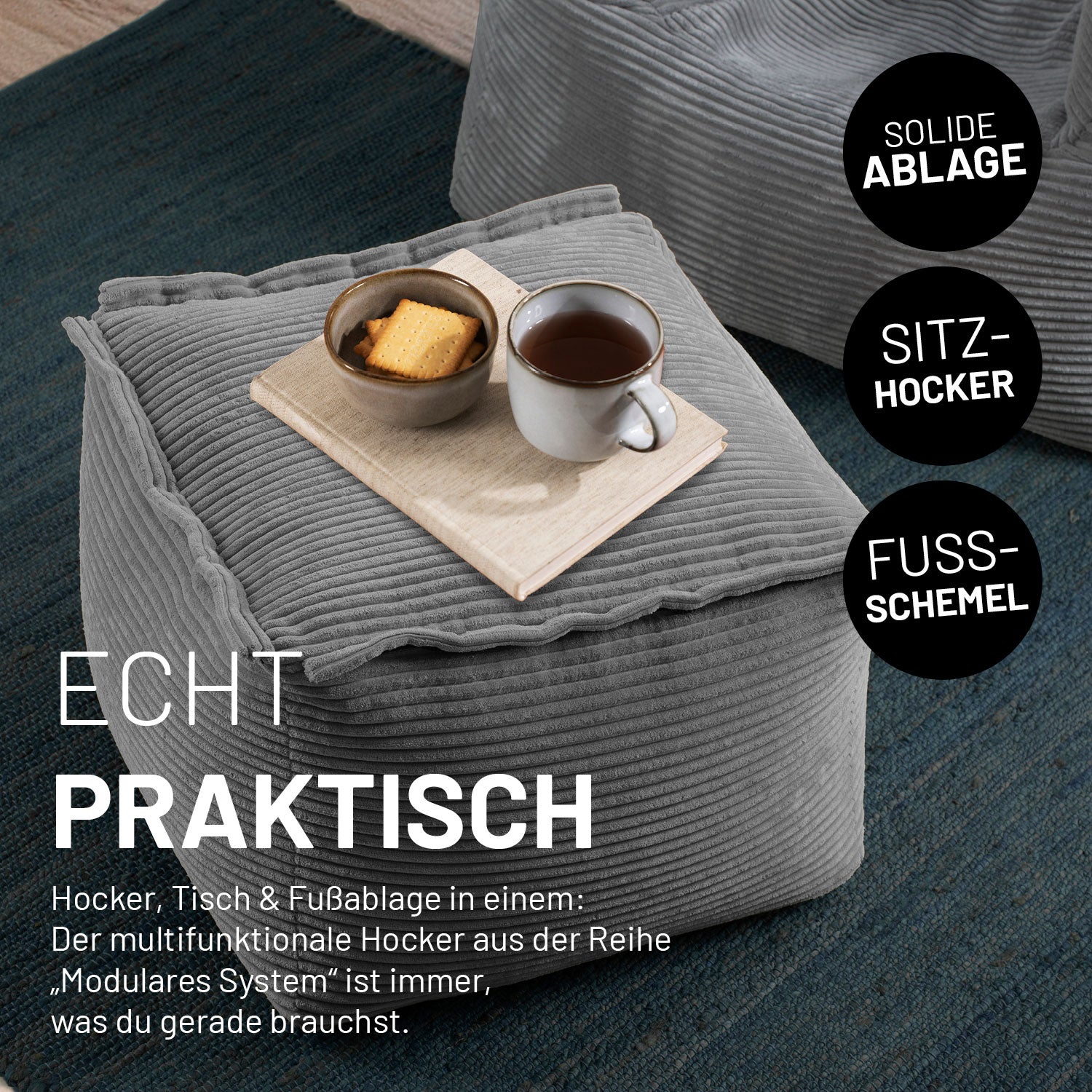 Modularer Sitzsack-Hocker aus der Cord-Reihe - Grau