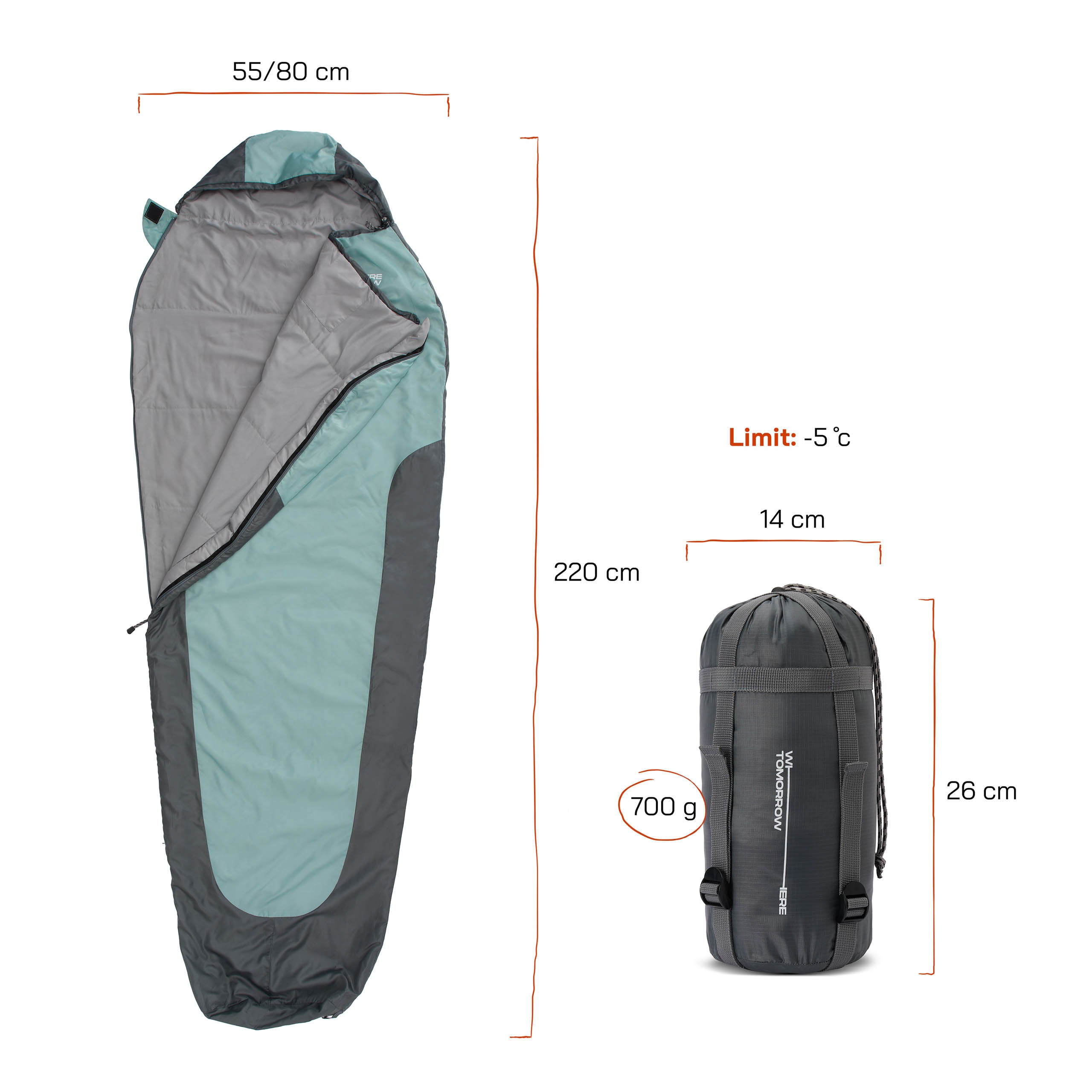 Schlafsack Small & Light - Mumienschlafsack mit Tasche - 220 x 80 x 50 cm - Hellblau-Grau