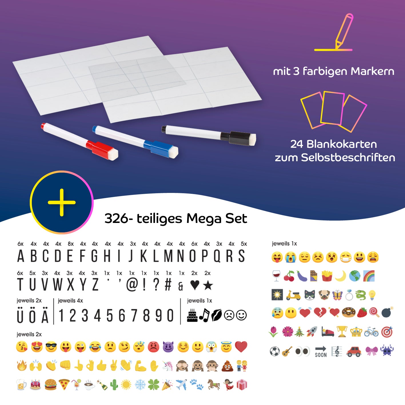 LED-Leuchtkasten A3 mit 173 Buchstaben, Zahlen und Zeichen und 150 bunten Mood Pics inkl. Schreib-Set (3 Stifte & 20 blanko Karten)
