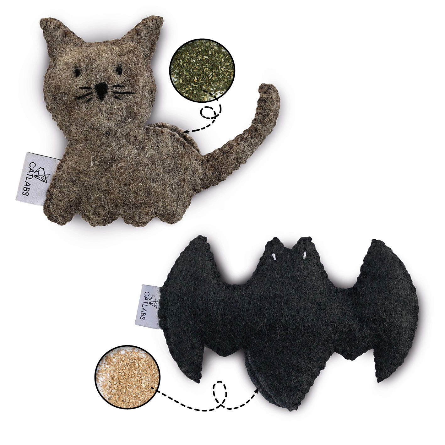Katzenspielzeug 2er-Set - "Kuschelige Katze" mit Katzenminze + "Flauschige Fledermaus" mit Baldrianwurzel