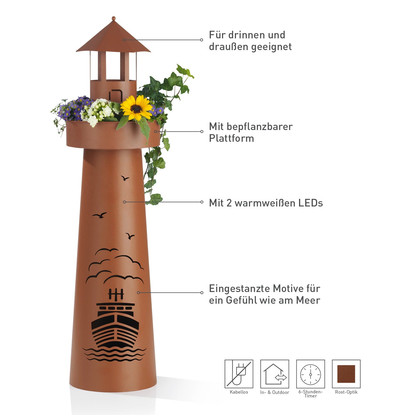 LED-Dekosäule Leuchtturm - 70 cm - braun