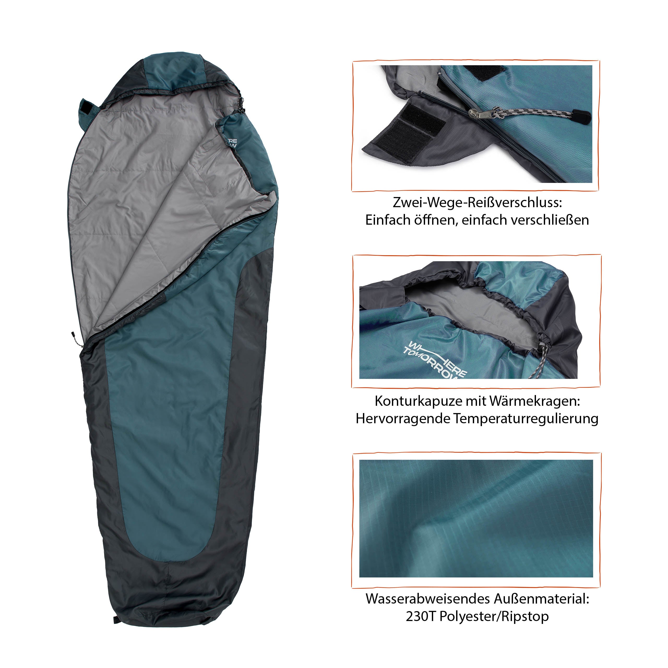 Camping Schlafsack Small & Light - Mumienschlafsack mit Tasche - 220 x 80 x 50 cm - Goblinblau-Grau