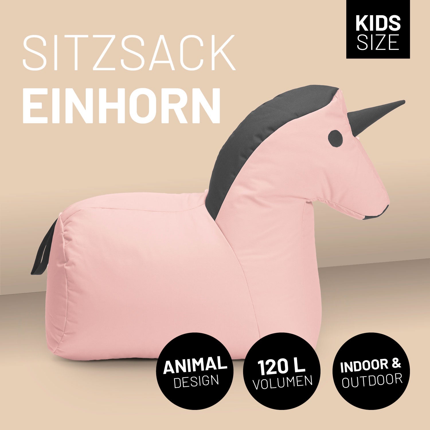 Kindersitzsack Animal Line Einhorn (180 L) - indoor & outdoor - Pastell Pink/Stahlgrau