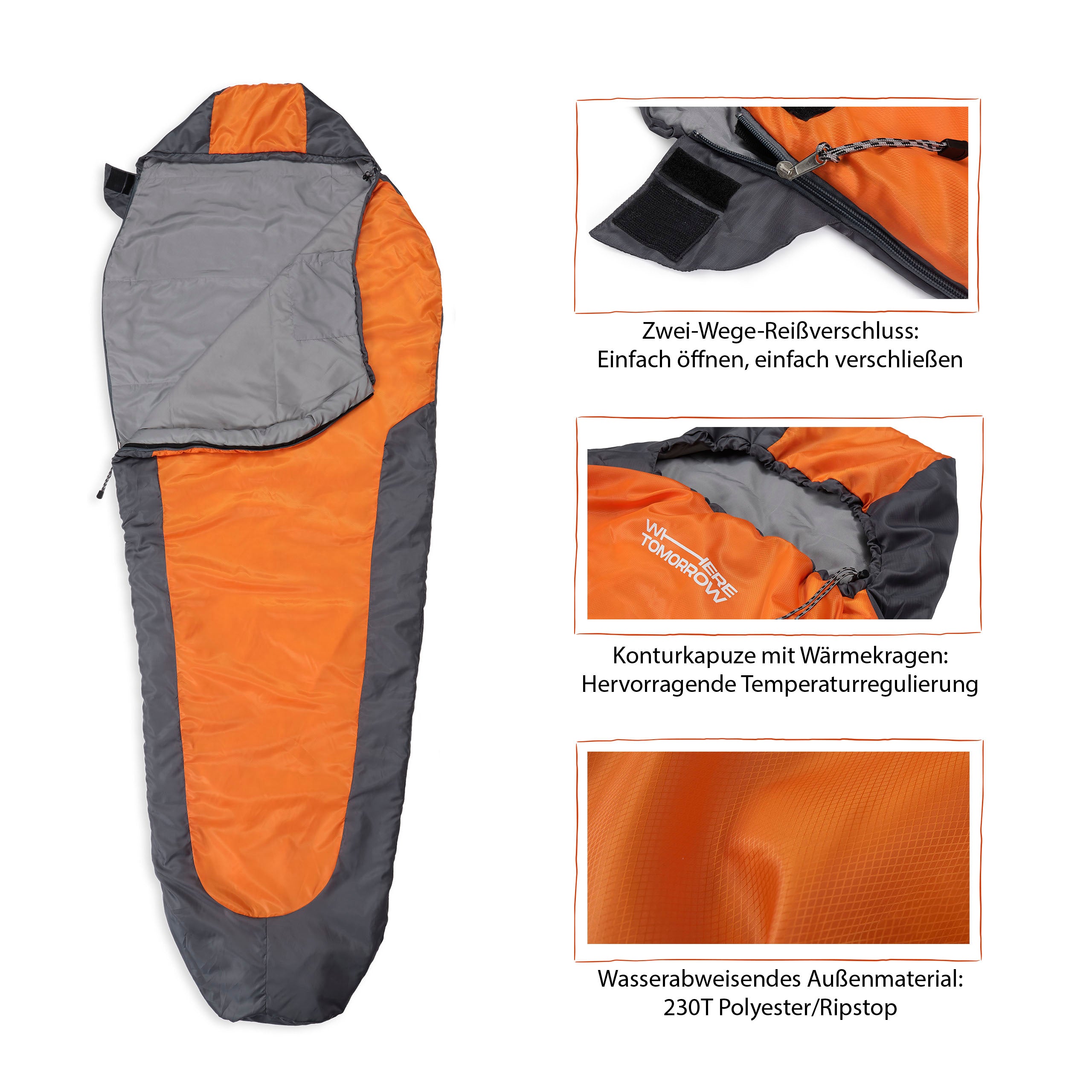 Camping Schlafsack Small & Light - Mumienschlafsack mit Tasche - 220 x 80 x 50 cm - Orange-Grau