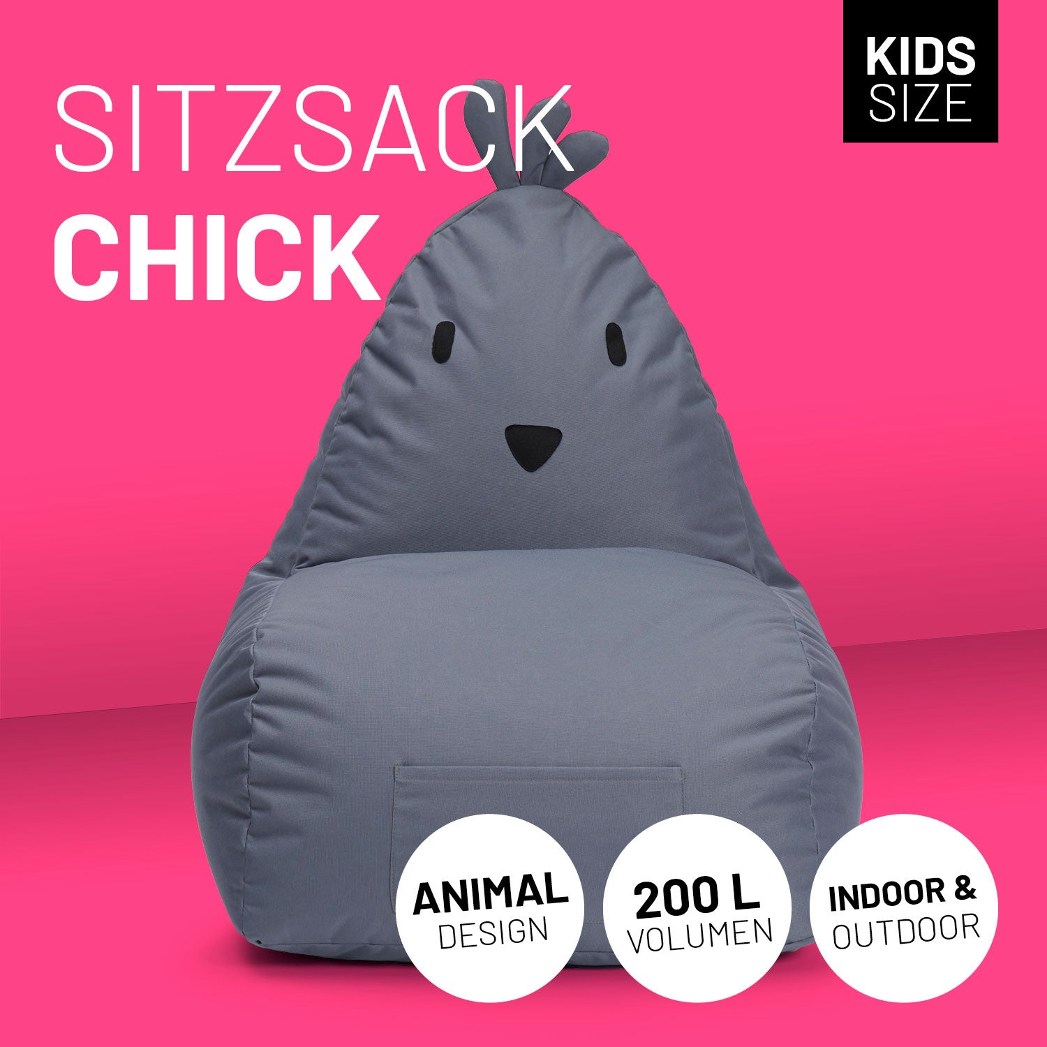Kindersitzsack Animal Line Chick (200 L) - indoor & outdoor - Stahlgrau
