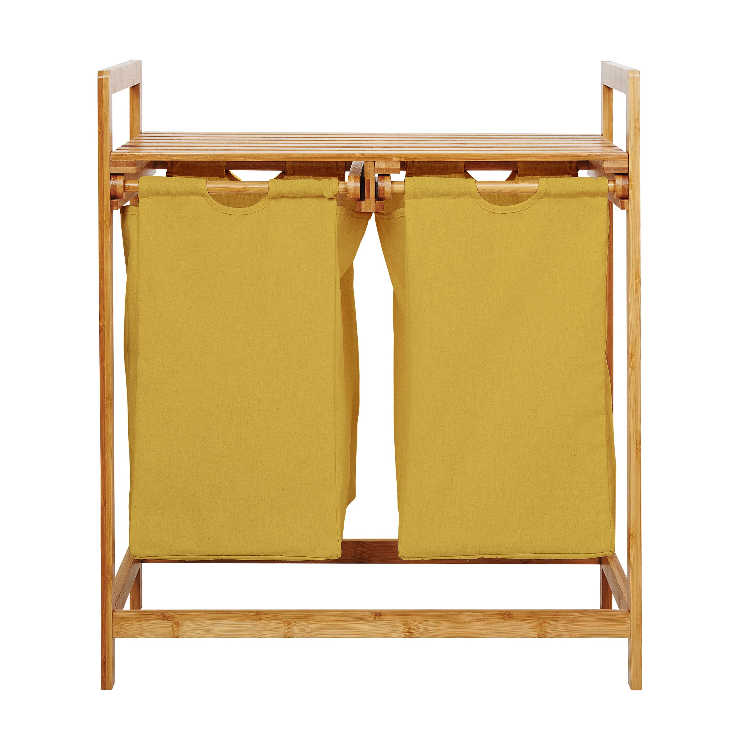 Bambus Wäschekorb mit 2 ausziehbaren Wäschesacken - 73 x 64 x 33 cm - Gelb