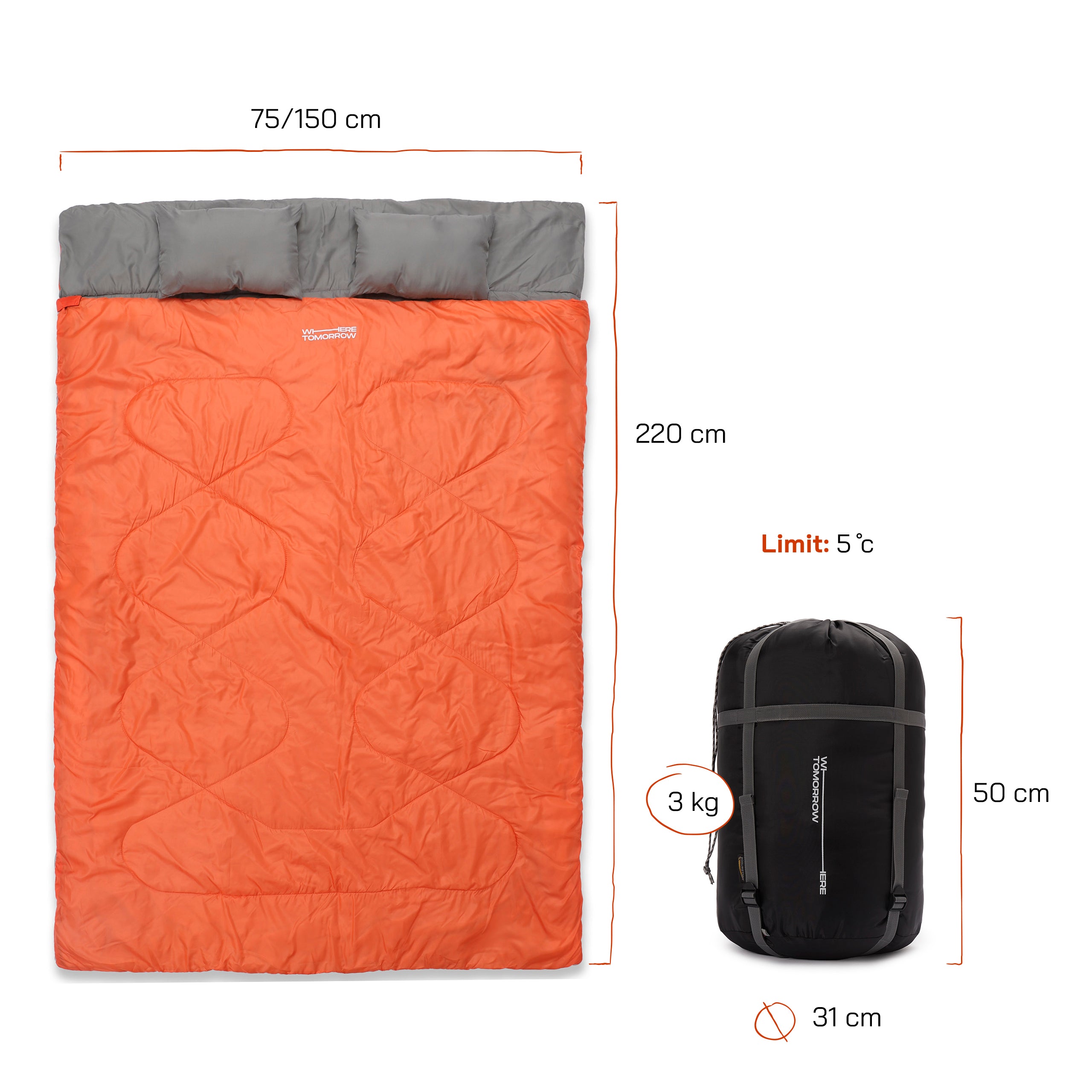 Doppelschlafsack mit Tragetasche - 2-Personen Schlafsack - 190 x 150 cm - Orange