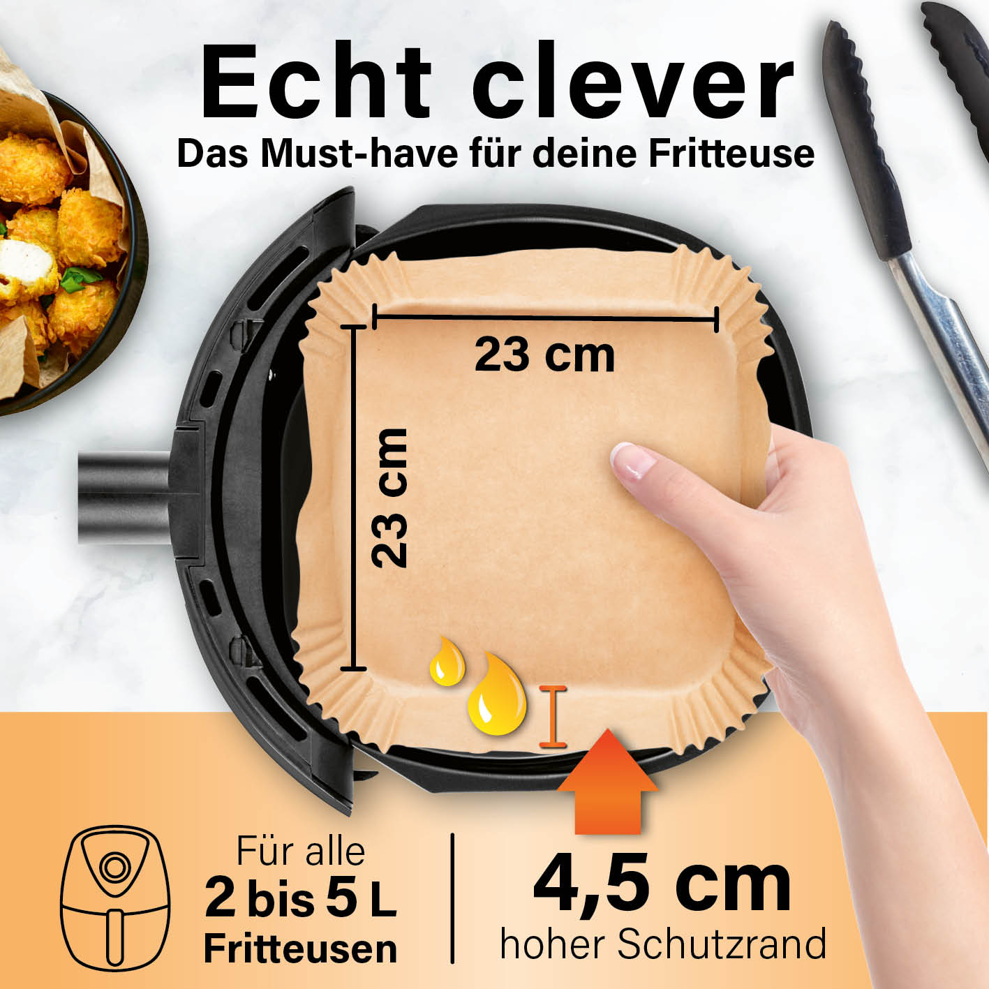 Backpapierschalen für Heißluftfritteusen (5–8 l) - 50 Stück à 23 x 23 x 4,5 cm