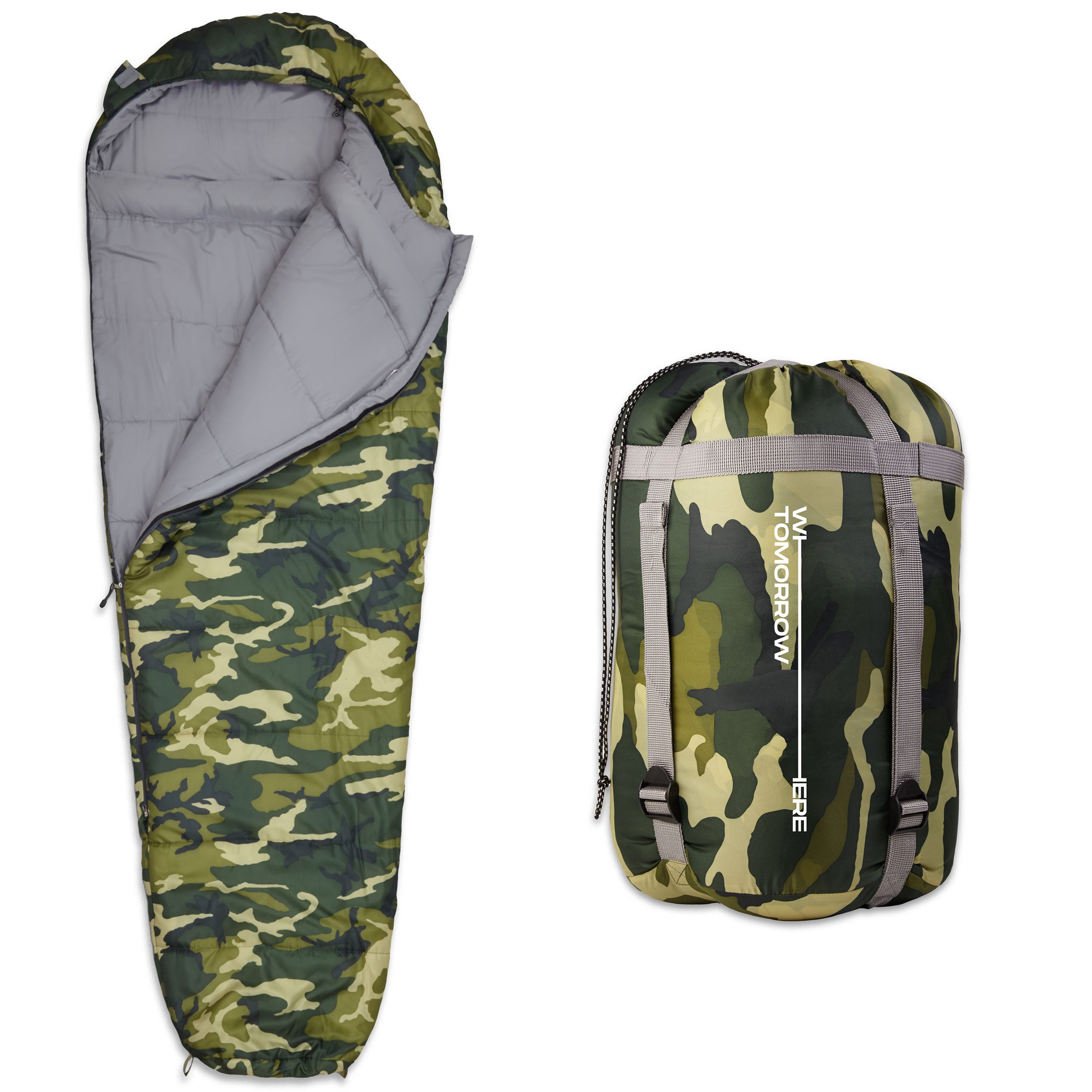 Camping Schlafsack Small & Light - Mumienschlafsack mit Tasche - 220 x 80 x 50 cm - Camouflage Grün