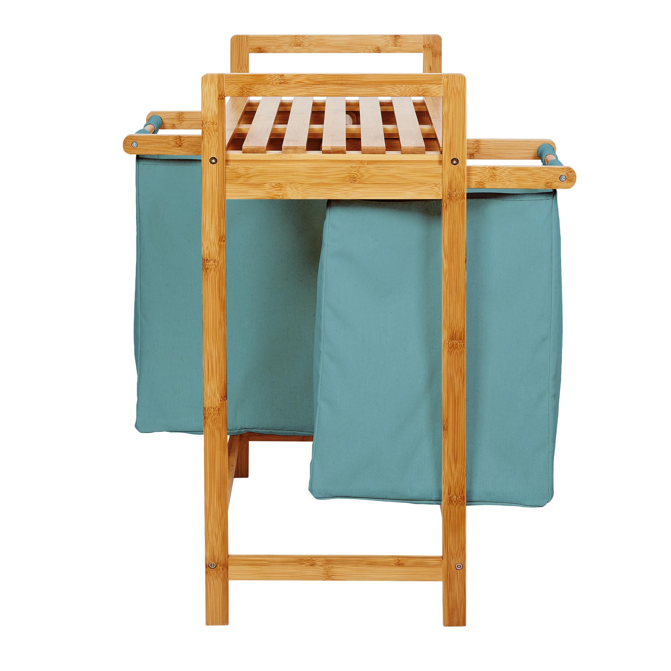 Bambus Wäschekorb mit 2 ausziehbaren Wäschesacken - 73 x 64 x 33 cm - Babyblau