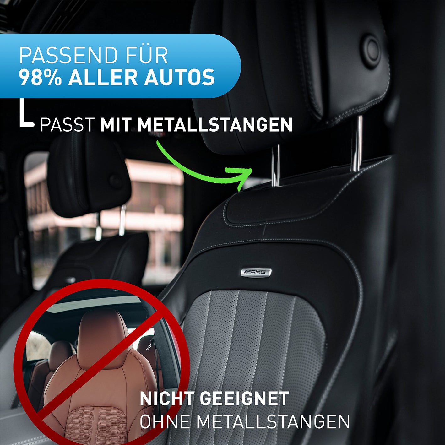 Auto-Kopfstütze - schwarzes Leder mit schwarzen Nähten