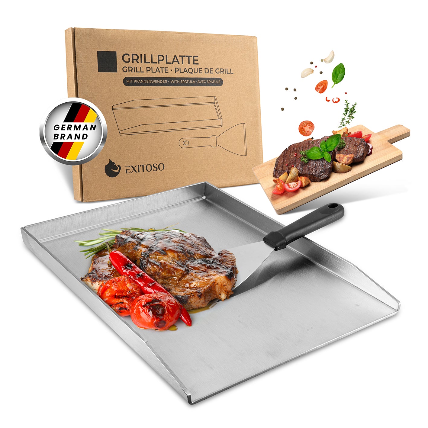 Grillplatte + Grillspachtel - Edelstahl - Universalgröße