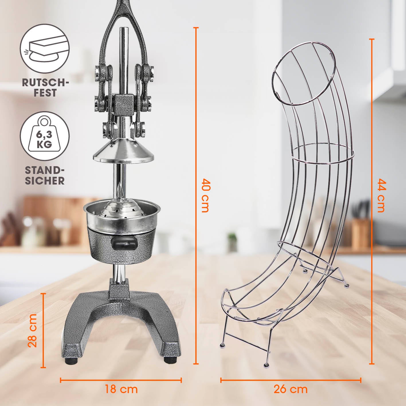 Manuelle Saftpresse + Orangenständer - Silber