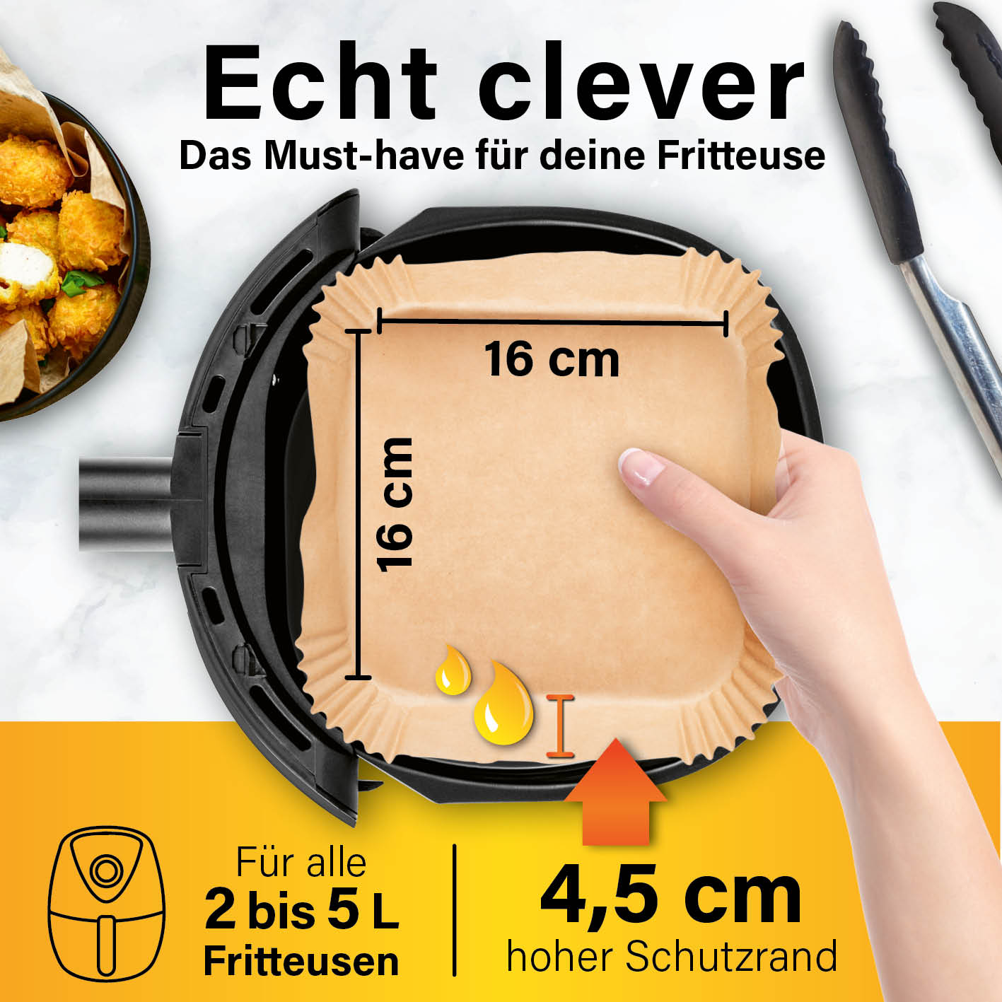 Backpapierschalen für Heißluftfritteusen (2–5 l) - 50 Stück à 16 x 16 x 4,5 cm