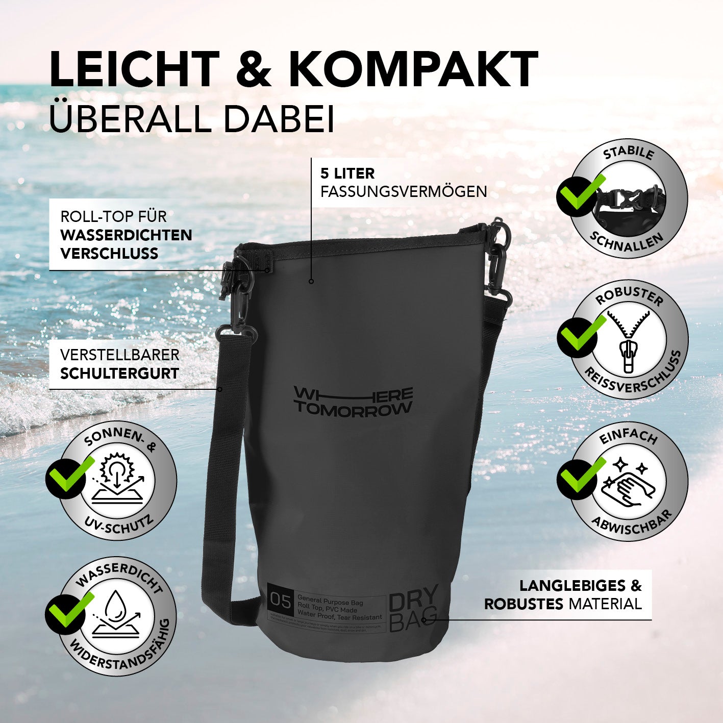 Dry Bag 5L - Style 01 - Schwarz