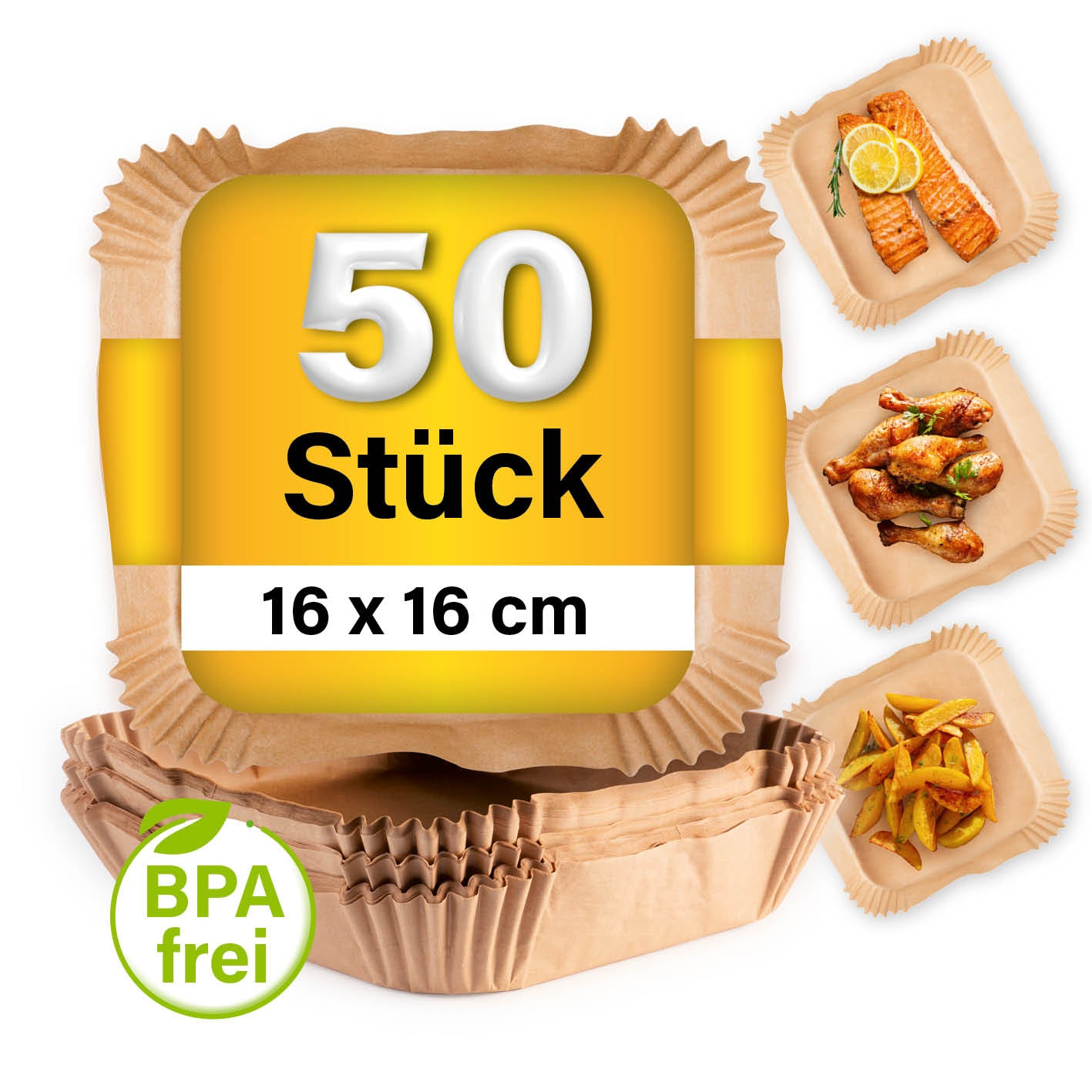 Backpapierschalen für Heißluftfritteusen (2–5 l) - 50 Stück à 16 x 16 x 4,5 cm