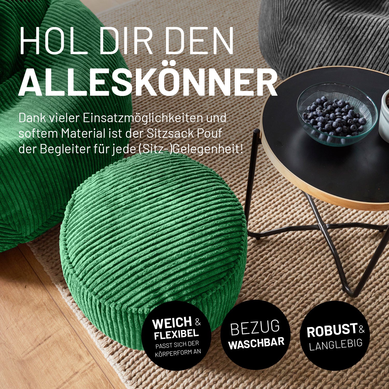 Sitzsack Pouf aus der Cord-Reihe - Dunkelgrün