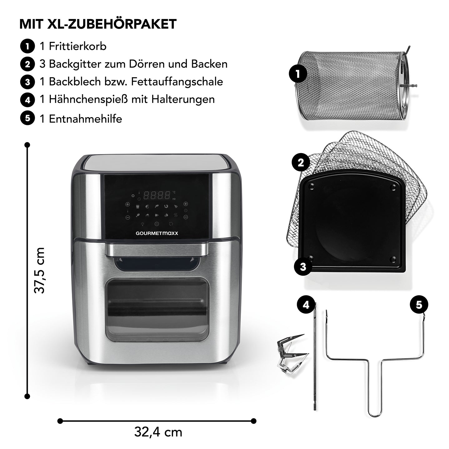 Heißluft-Fritteuse Digital - 12 l Fassungsvermögen - Edelstahl/grau