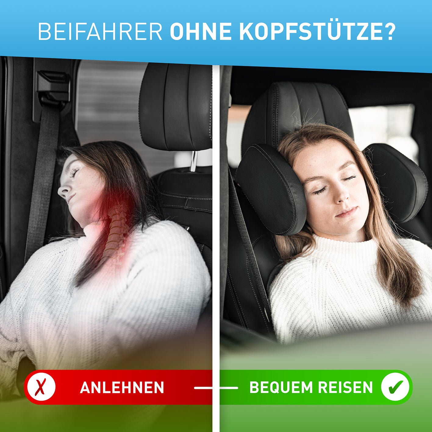 Auto-Kopfstütze - schwarzes Leder mit schwarzen Nähten