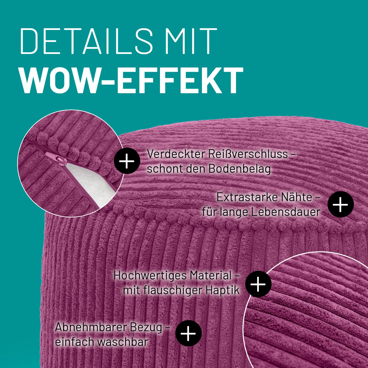 Sitzsack Pouf aus der Cord-Reihe - Weinrot