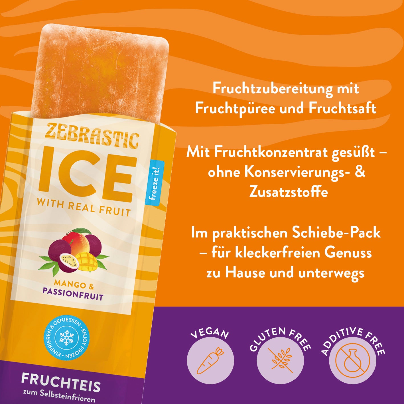 ZEBRASTIC Ice – Fruchteis zum Selbsteinfrieren - Mango & Passionfruit (250g/5x 50g)
