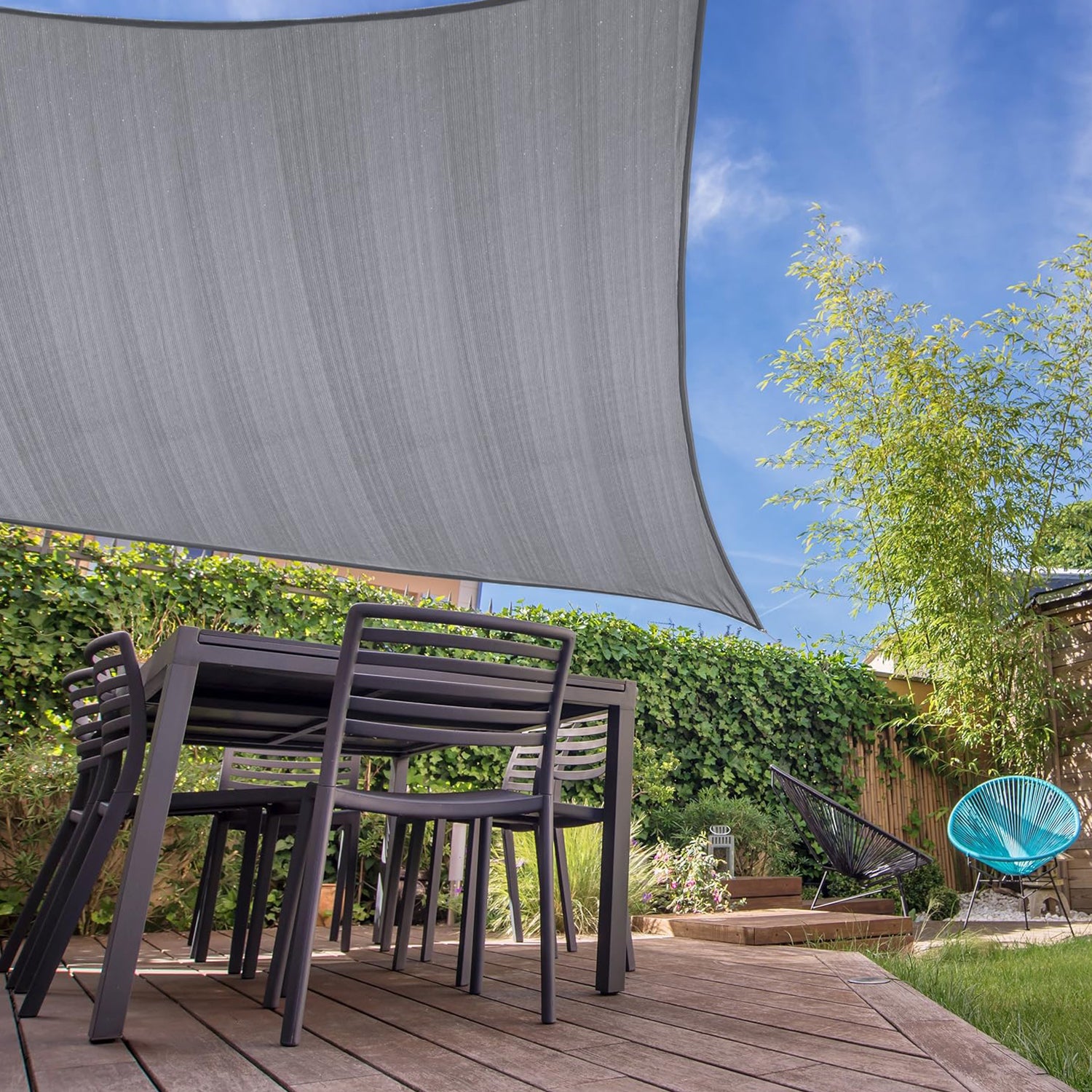 Sonnensegel 100% HDPE mit Stabilisator für UV-Schutz - Quadrat 5 x 5 Meter - Hellgrau