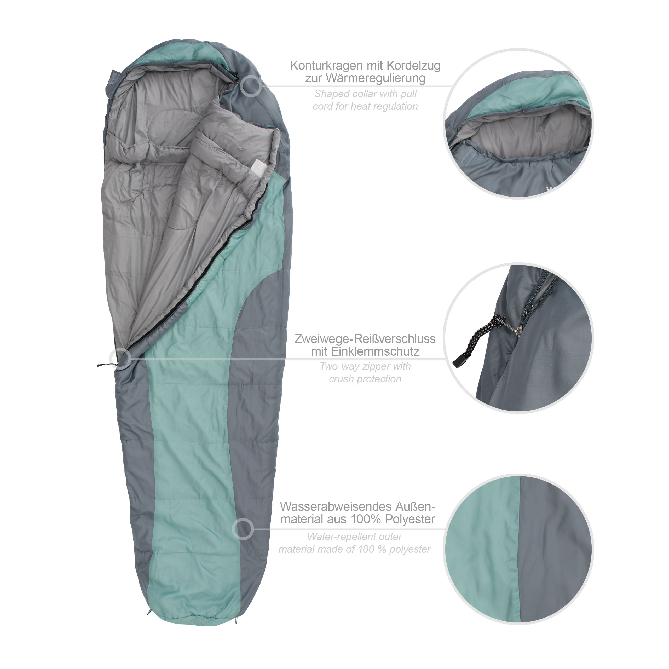Camping Schlafsack Classic - Mumienschlafsack mit Tasche - 230 x 80 x 55 cm - Hellblau