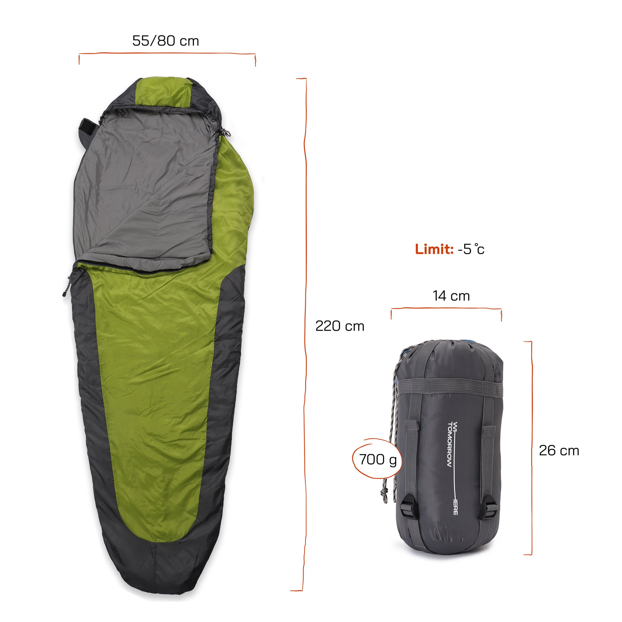 Camping Schlafsack Small & Light - Mumienschlafsack mit Tasche - 220 x 80 x 50 cm - Olivgrün-Grau