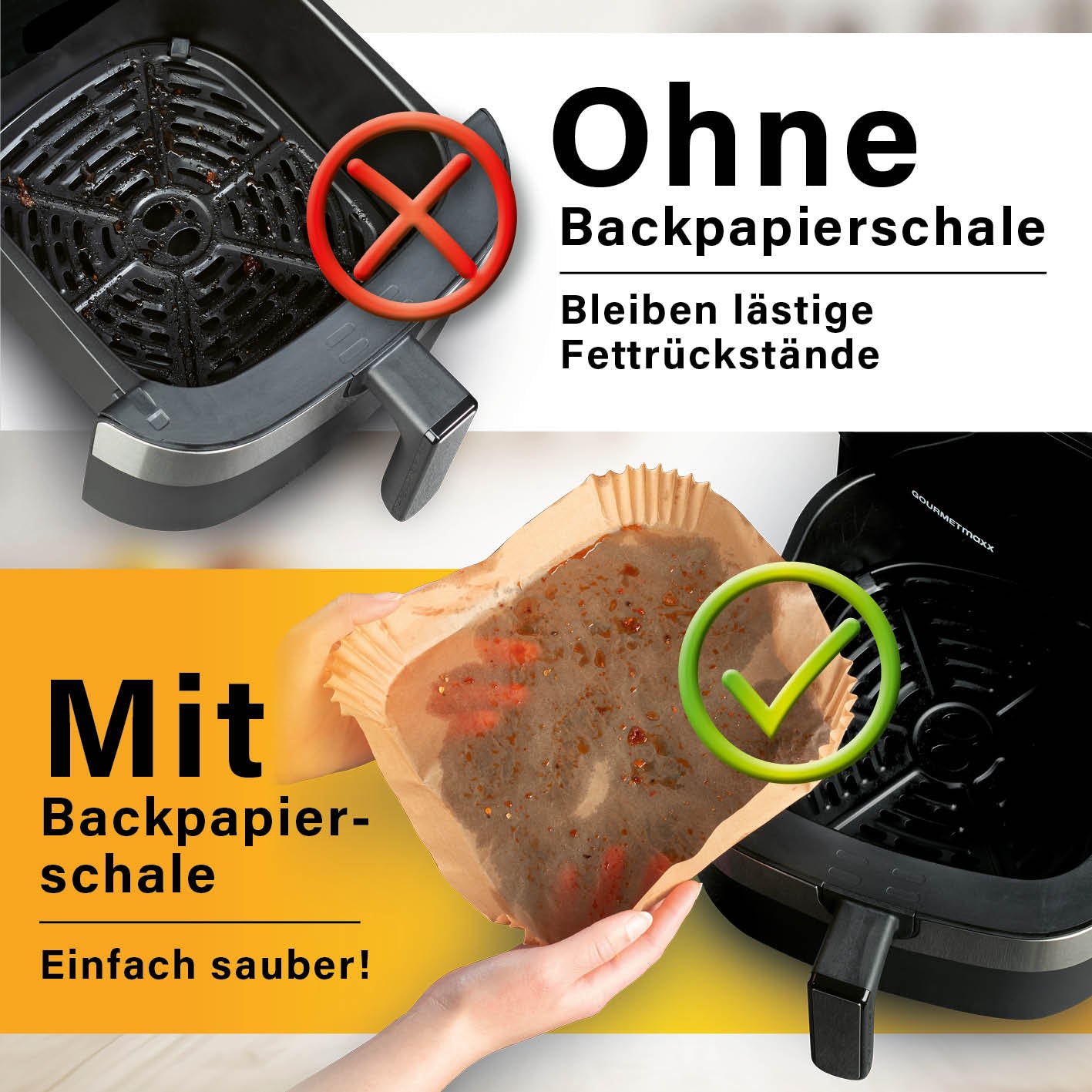 Backpapierschalen für Heißluftfritteusen (2–5 l) - 50 Stück à 16 x 16 x 4,5 cm