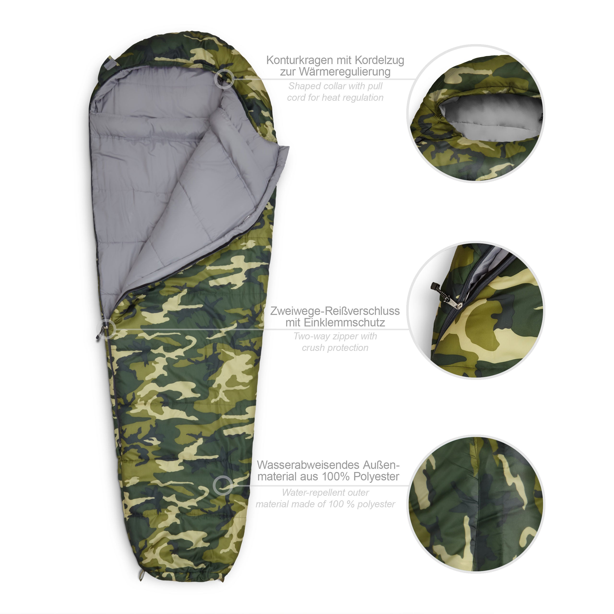 Camping Schlafsack Classic - Mumienschlafsack mit Tasche - 230 x 80 x 55 cm - Camouflage Grün