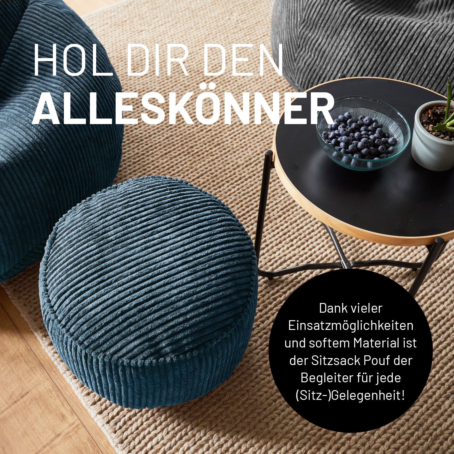 Sitzsack-Hocker/Pouf Cord (50 L) - indoor - Grau
