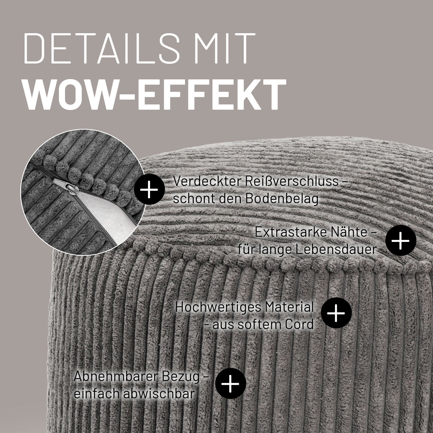 Sitzsack-Hocker/Pouf Cord (50 L) - indoor - Grau