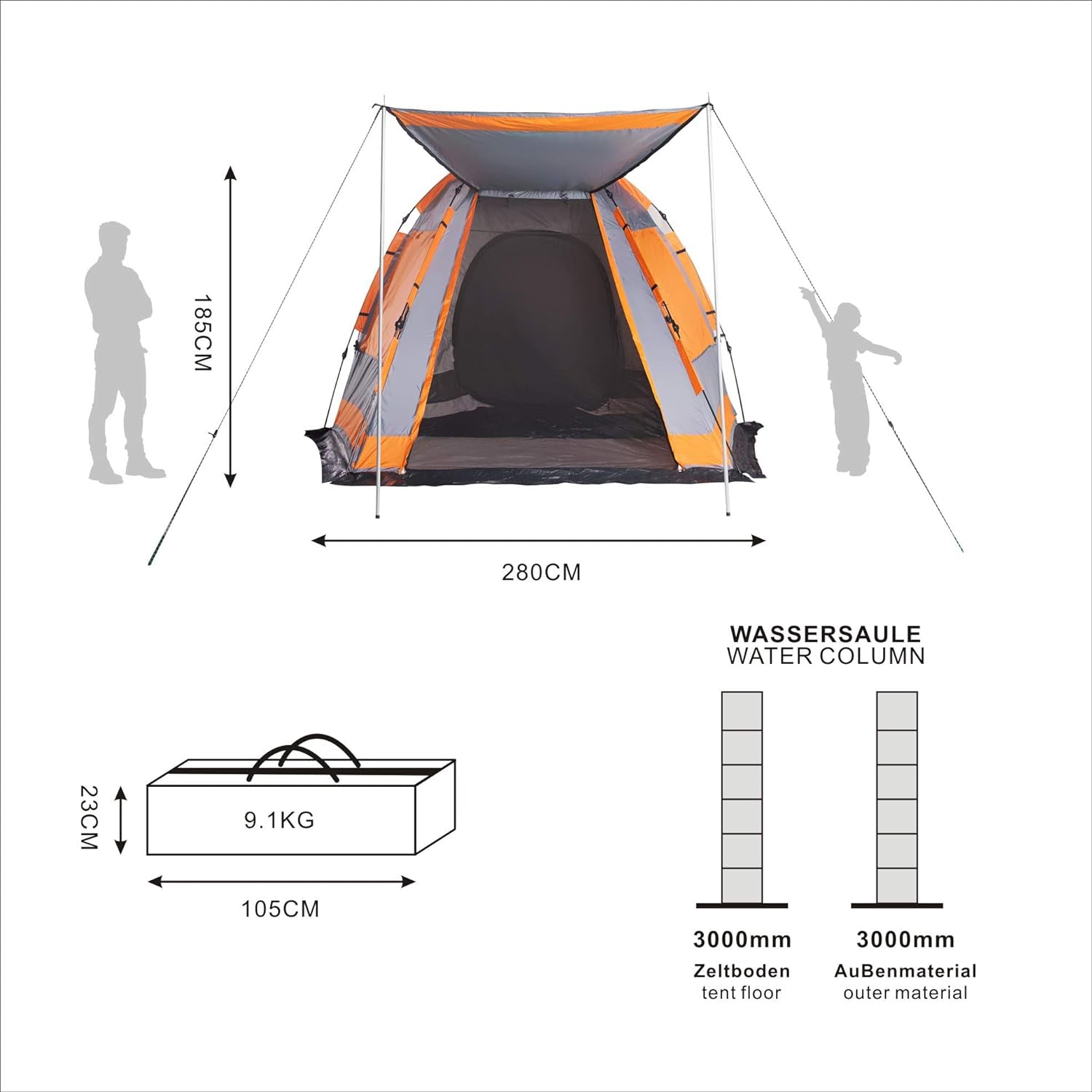 Familienzelt Pop Up Wurfzelt - 4-Personen - Zelt mit Sonnendach - 340x280x185 cm -  Orange-Grau