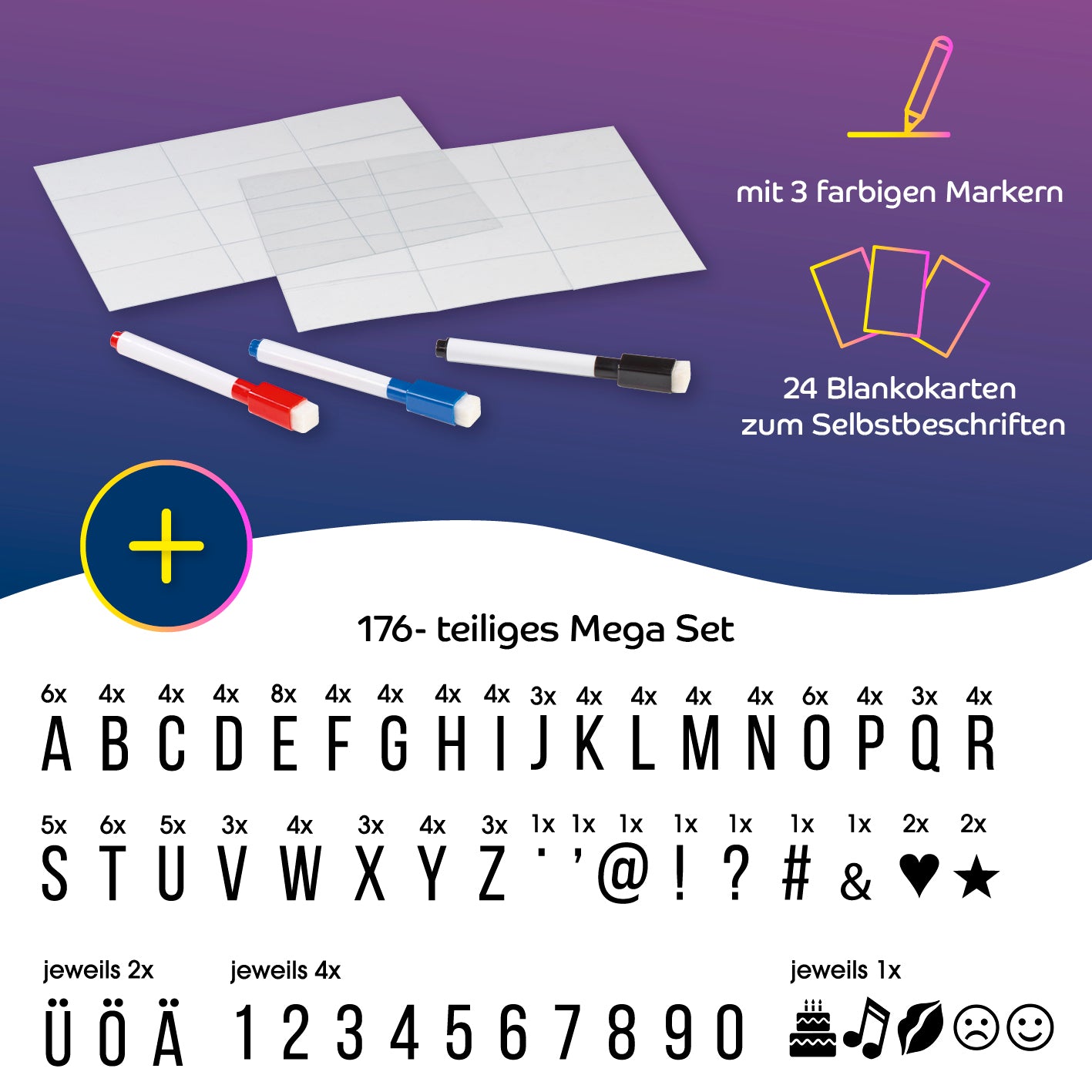 LED-Leuchtkasten A4 mit 173 Buchstaben, Zahlen & Symbolen inkl. Schreib-Set (3 Stifte & 20 blanko Karten)