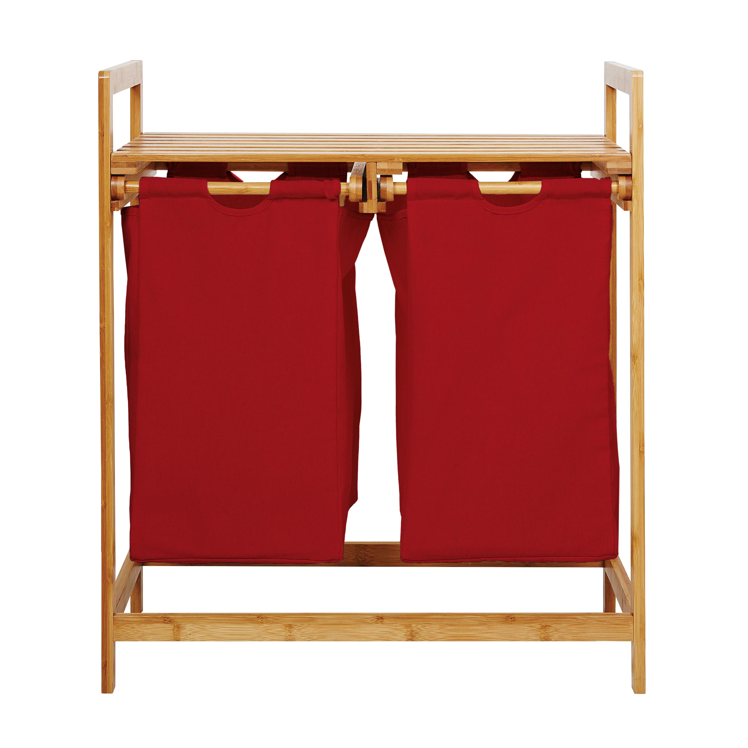 Bambus Wäschekorb mit 2 ausziehbaren Wäschesacken - 73 x 64 x 33 cm - Rot