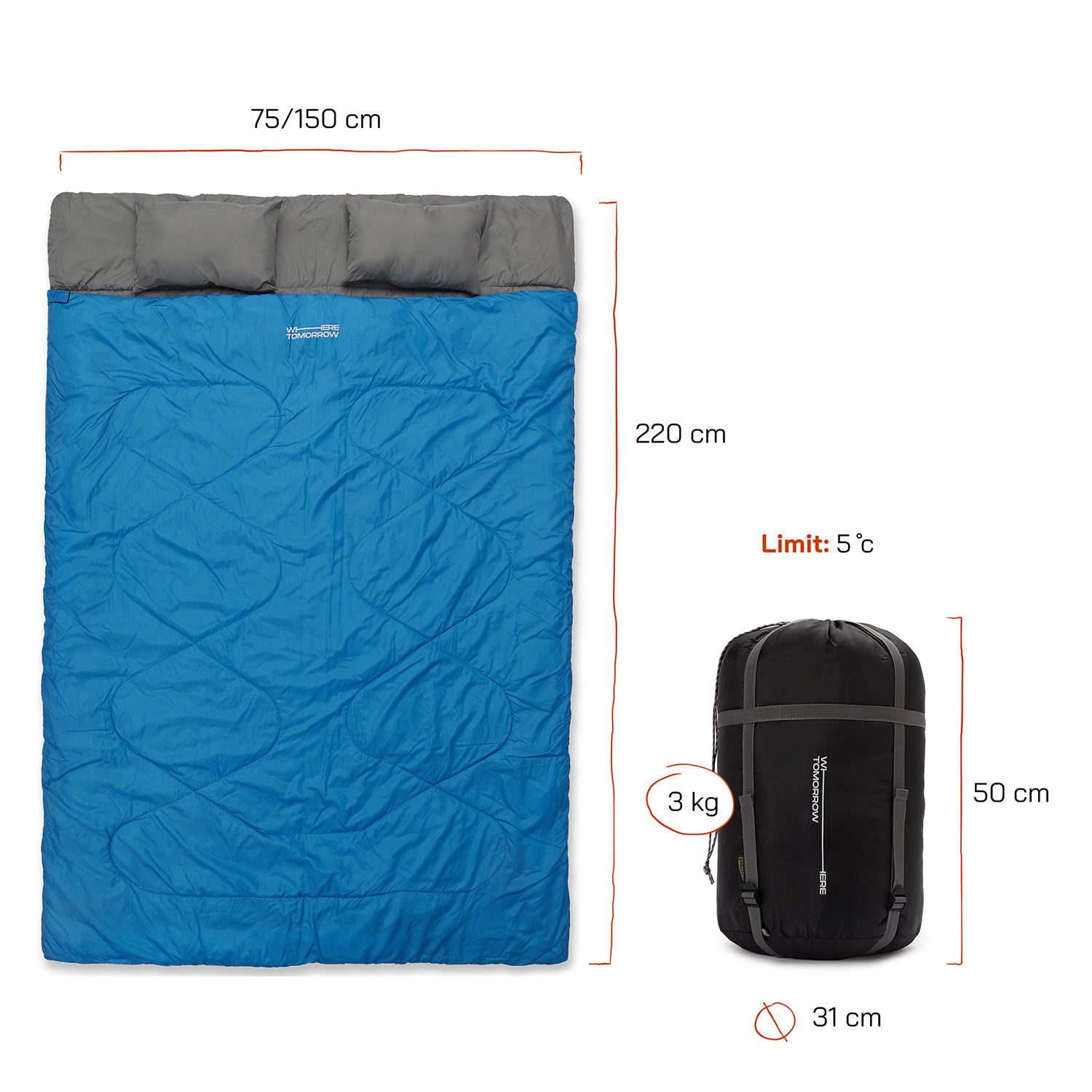 Doppelschlafsack mit Tragetasche - 2-Personen Schlafsack - 190 x 150 cm - Royalblau