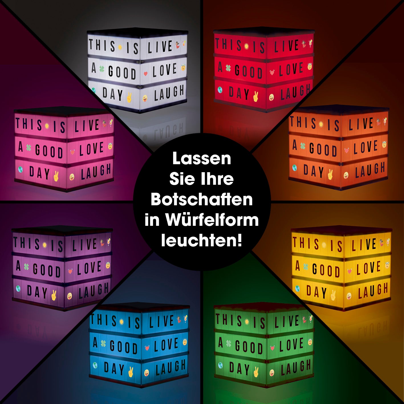 LED-Leuchtkasten Würfel - 173 Buchstaben & 150 Moodjis