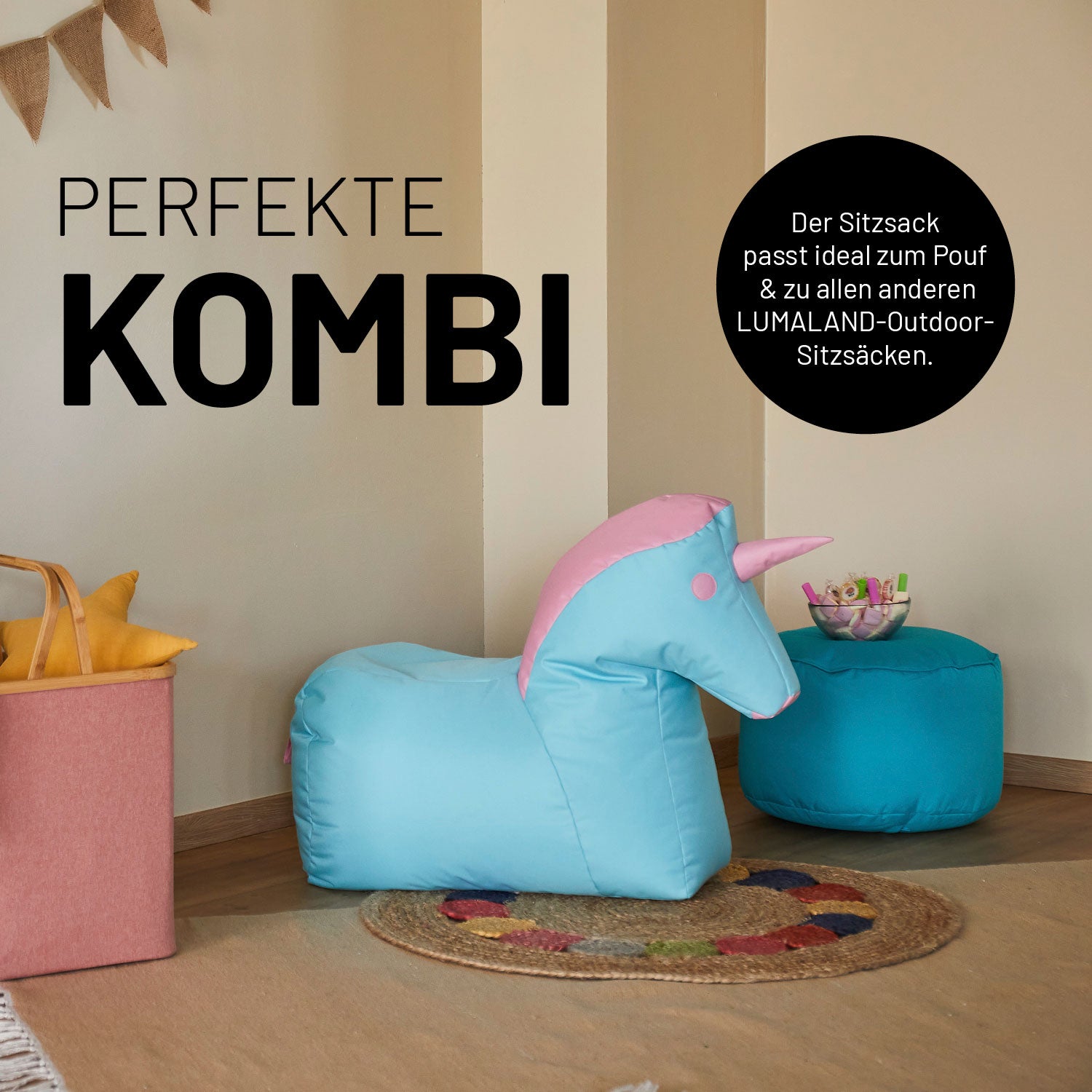Kindersitzsack Animal Line Einhorn (120 L) - indoor & outdoor - Türkis/Pastell Pink